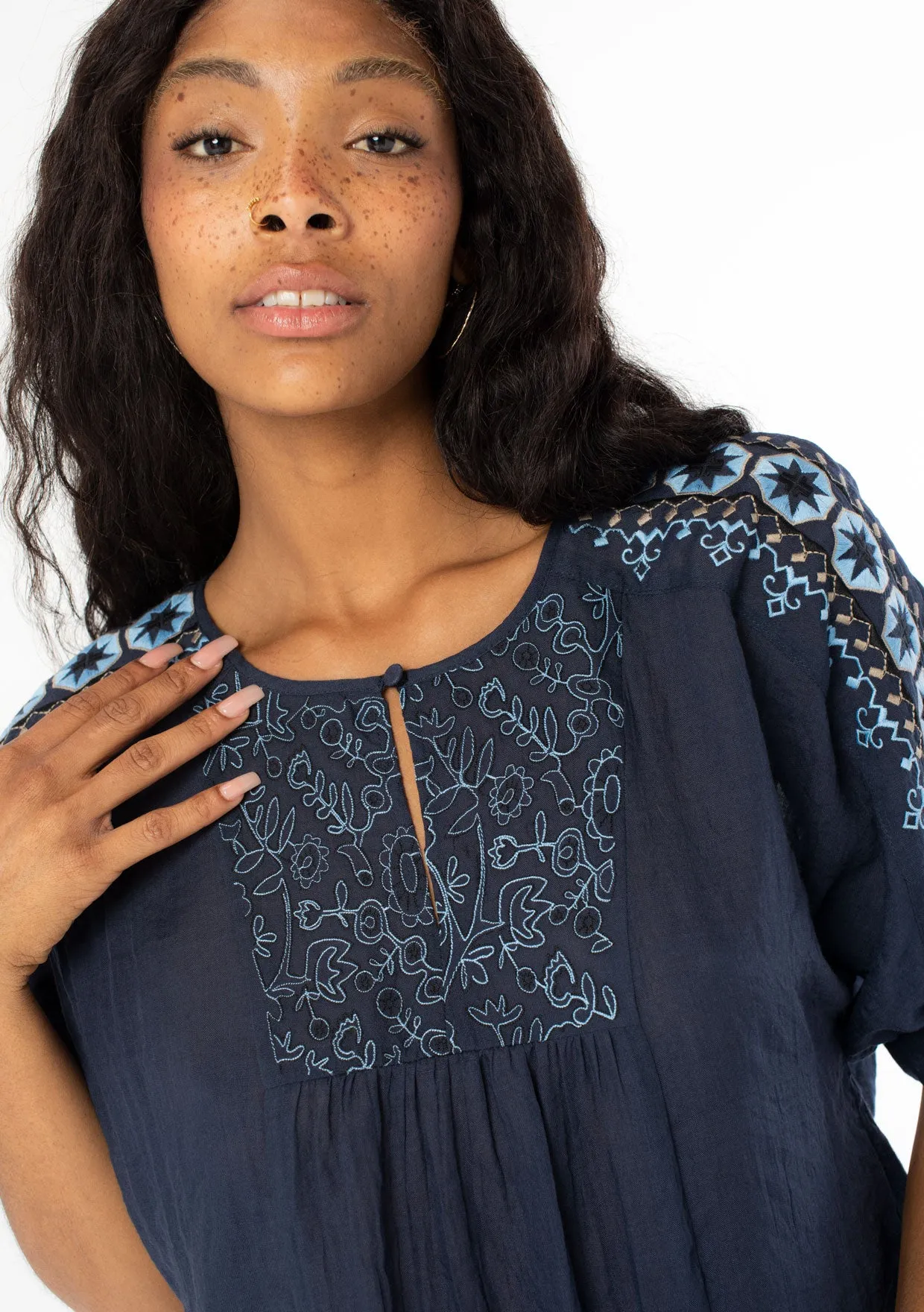 Navy Bohemian Dolman Sleeve Embroidered Blouse