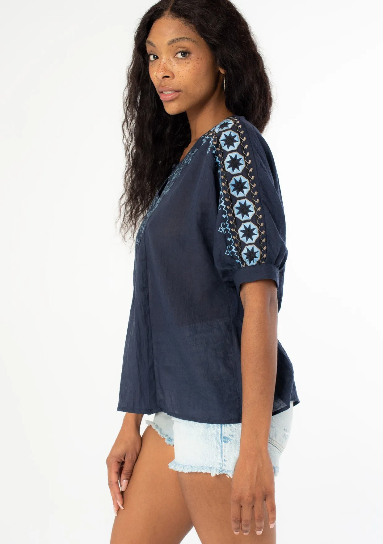 Navy Bohemian Dolman Sleeve Embroidered Blouse