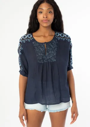 Navy Bohemian Dolman Sleeve Embroidered Blouse