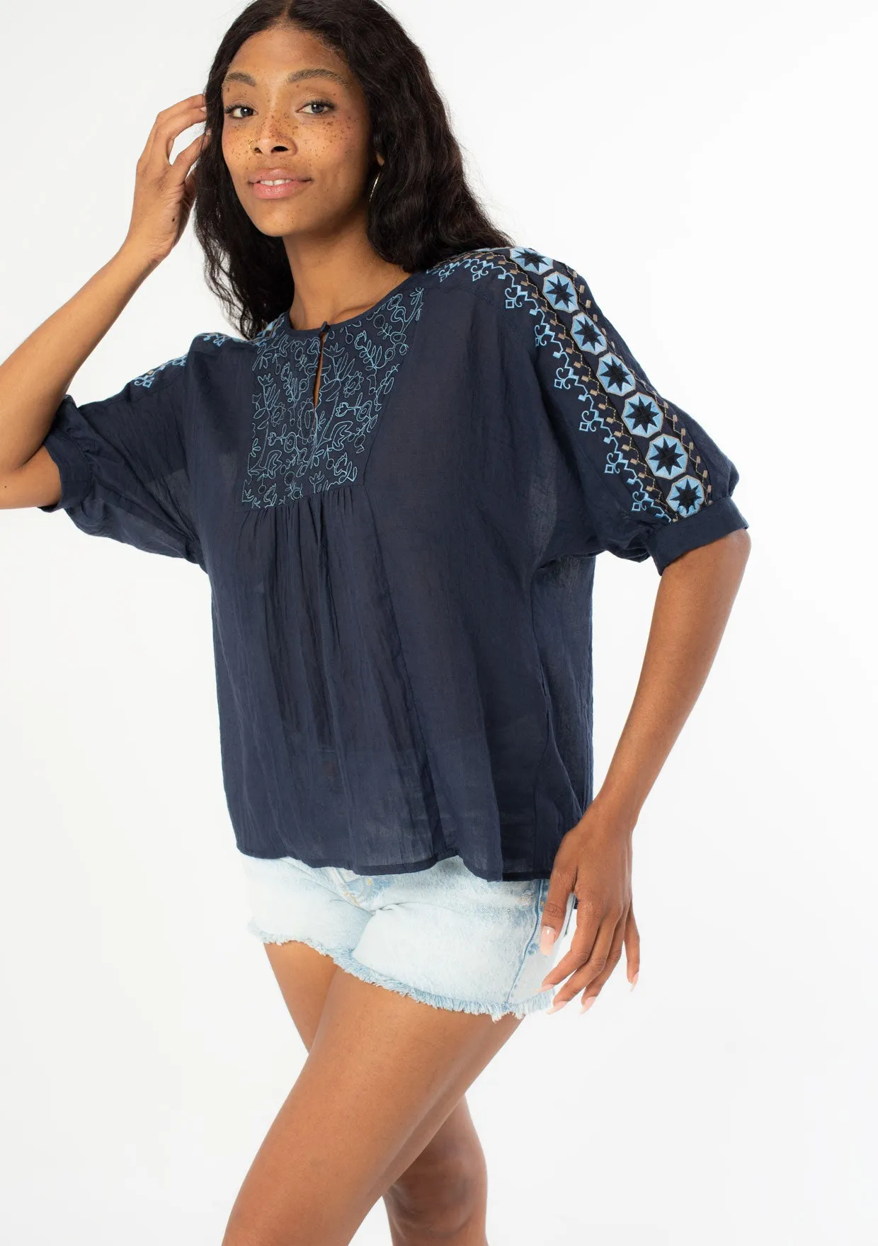 Navy Bohemian Dolman Sleeve Embroidered Blouse