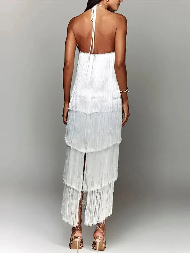 New Fashion Metallic Color Tassel Halter Long Dress Chic Sleeveless Backless Lace Up Slim  Sexy Maxi Dress