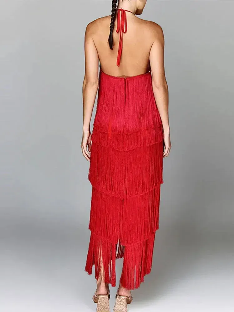 New Fashion Metallic Color Tassel Halter Long Dress Chic Sleeveless Backless Lace Up Slim  Sexy Maxi Dress