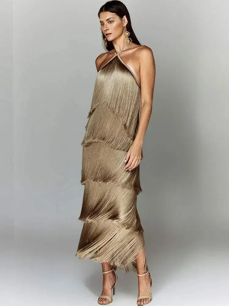 New Fashion Metallic Color Tassel Halter Long Dress Chic Sleeveless Backless Lace Up Slim  Sexy Maxi Dress