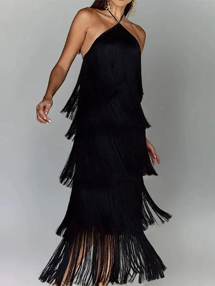 New Fashion Metallic Color Tassel Halter Long Dress Chic Sleeveless Backless Lace Up Slim  Sexy Maxi Dress