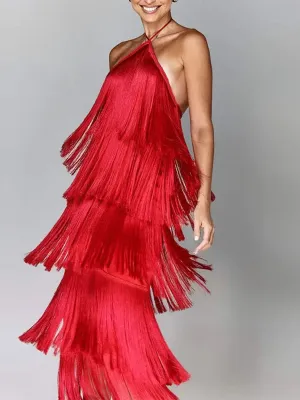 New Fashion Metallic Color Tassel Halter Long Dress Chic Sleeveless Backless Lace Up Slim  Sexy Maxi Dress