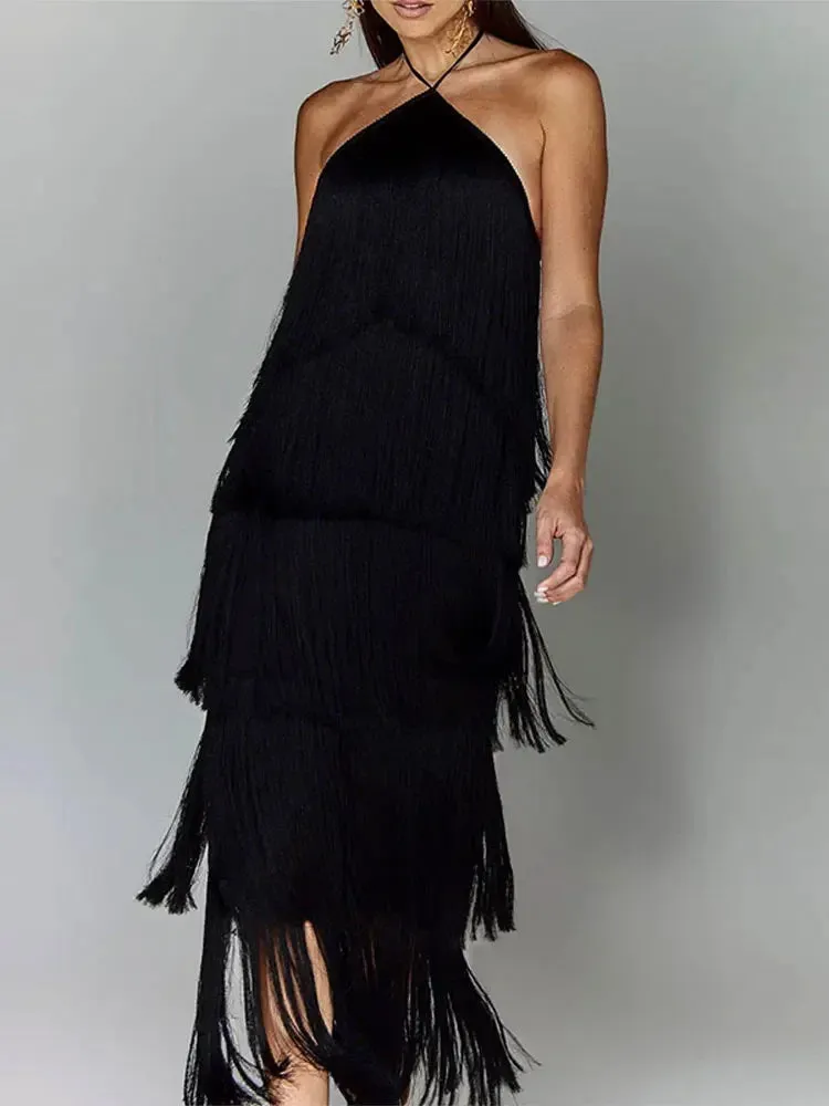 New Fashion Metallic Color Tassel Halter Long Dress Chic Sleeveless Backless Lace Up Slim  Sexy Maxi Dress
