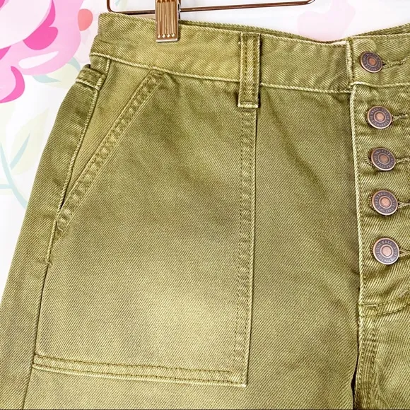 NEW Free People High Rise Distressed Button Fly Olive Army Green Denim Shorts 26