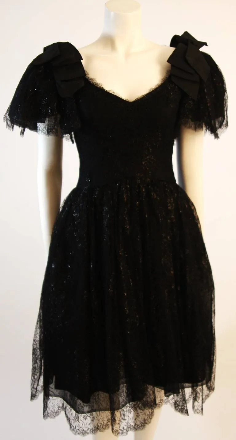 NOLAN MILLER Black Cocktail Dress, Lace and Bow Sleeves