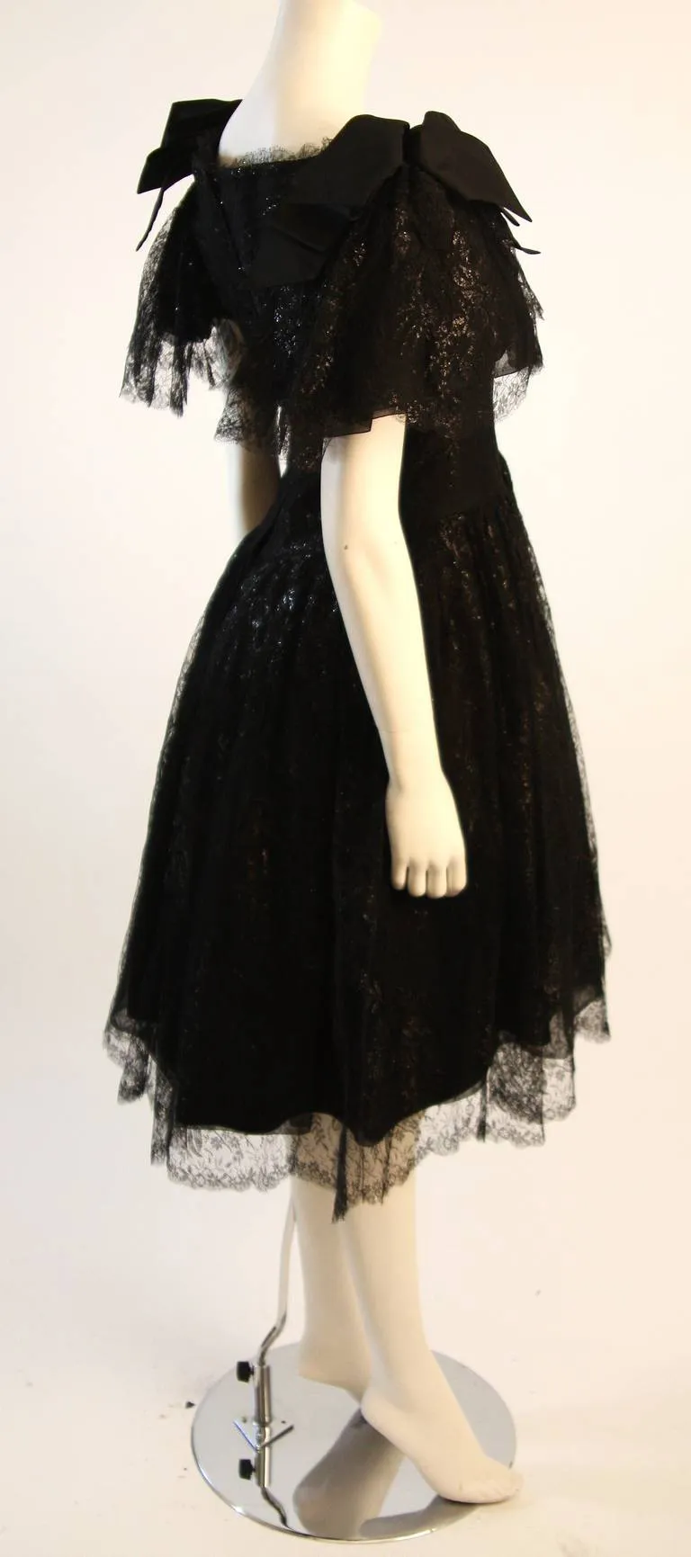 NOLAN MILLER Black Cocktail Dress, Lace and Bow Sleeves