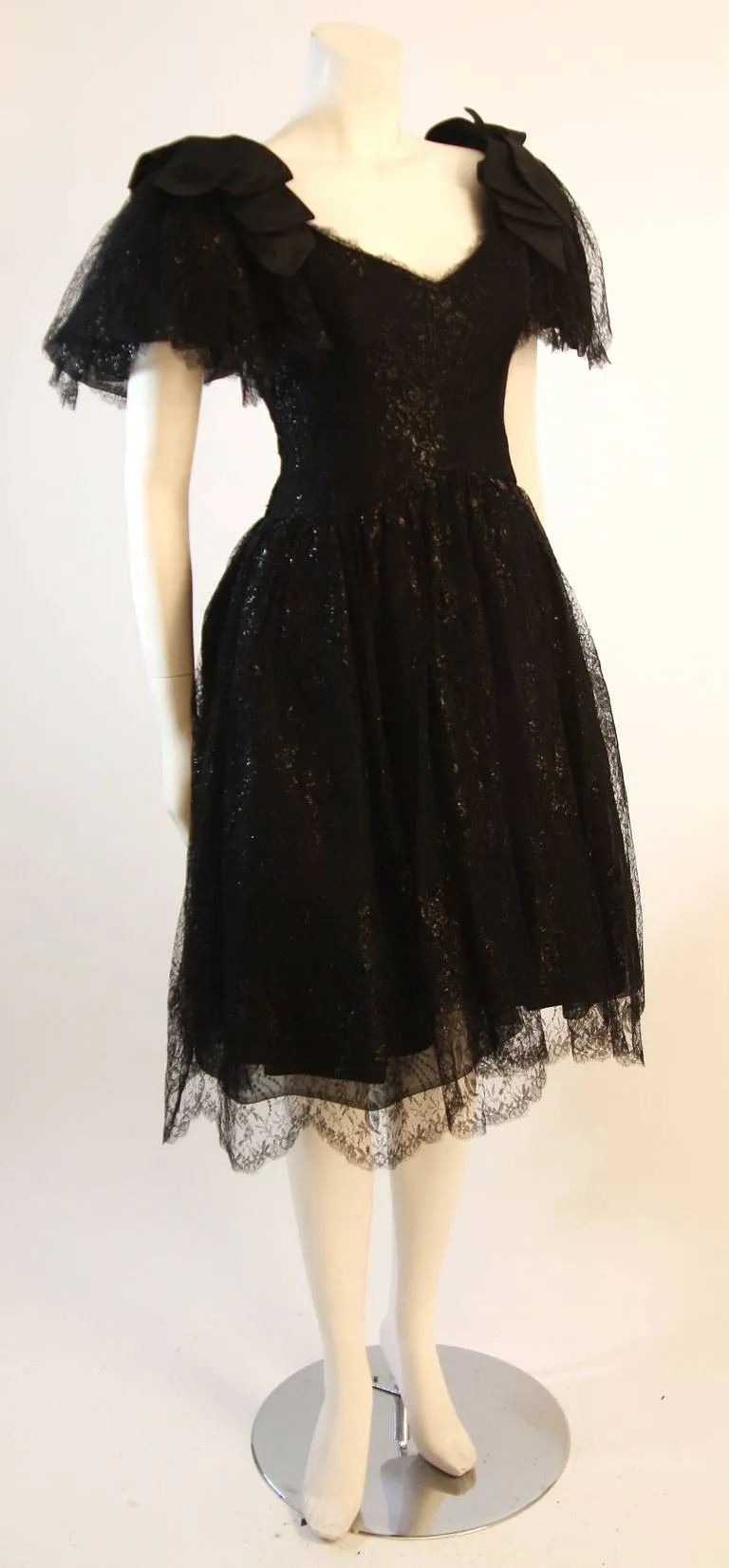 NOLAN MILLER Black Cocktail Dress, Lace and Bow Sleeves