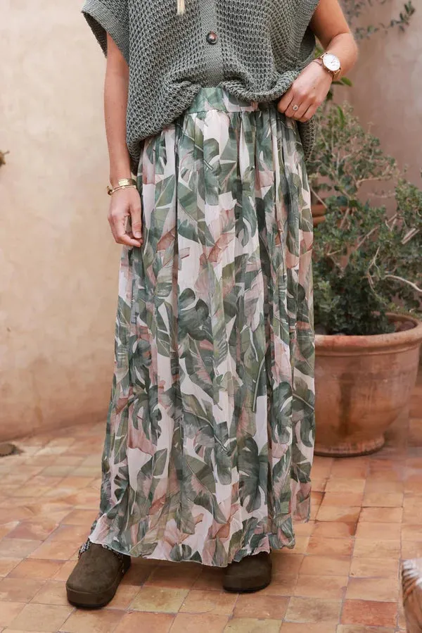 Olive Leaf Chiffon Pleated Maxi Skirt
