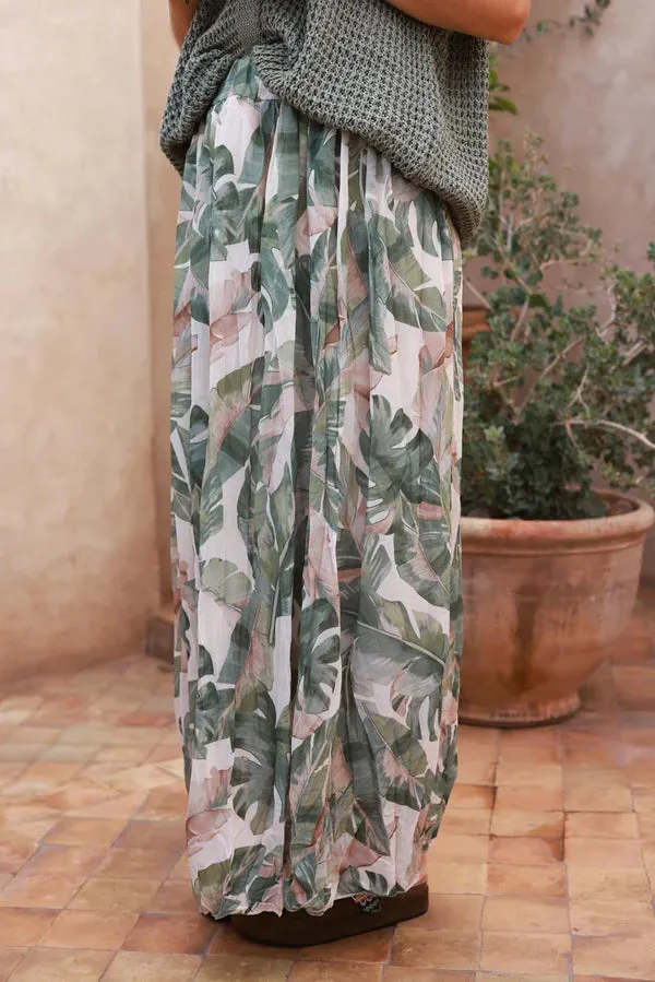 Olive Leaf Chiffon Pleated Maxi Skirt