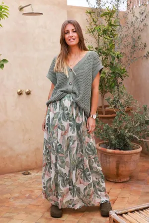 Olive Leaf Chiffon Pleated Maxi Skirt