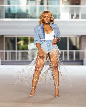 Oyemwen Renaissance Concert Fringe Denim Shorts