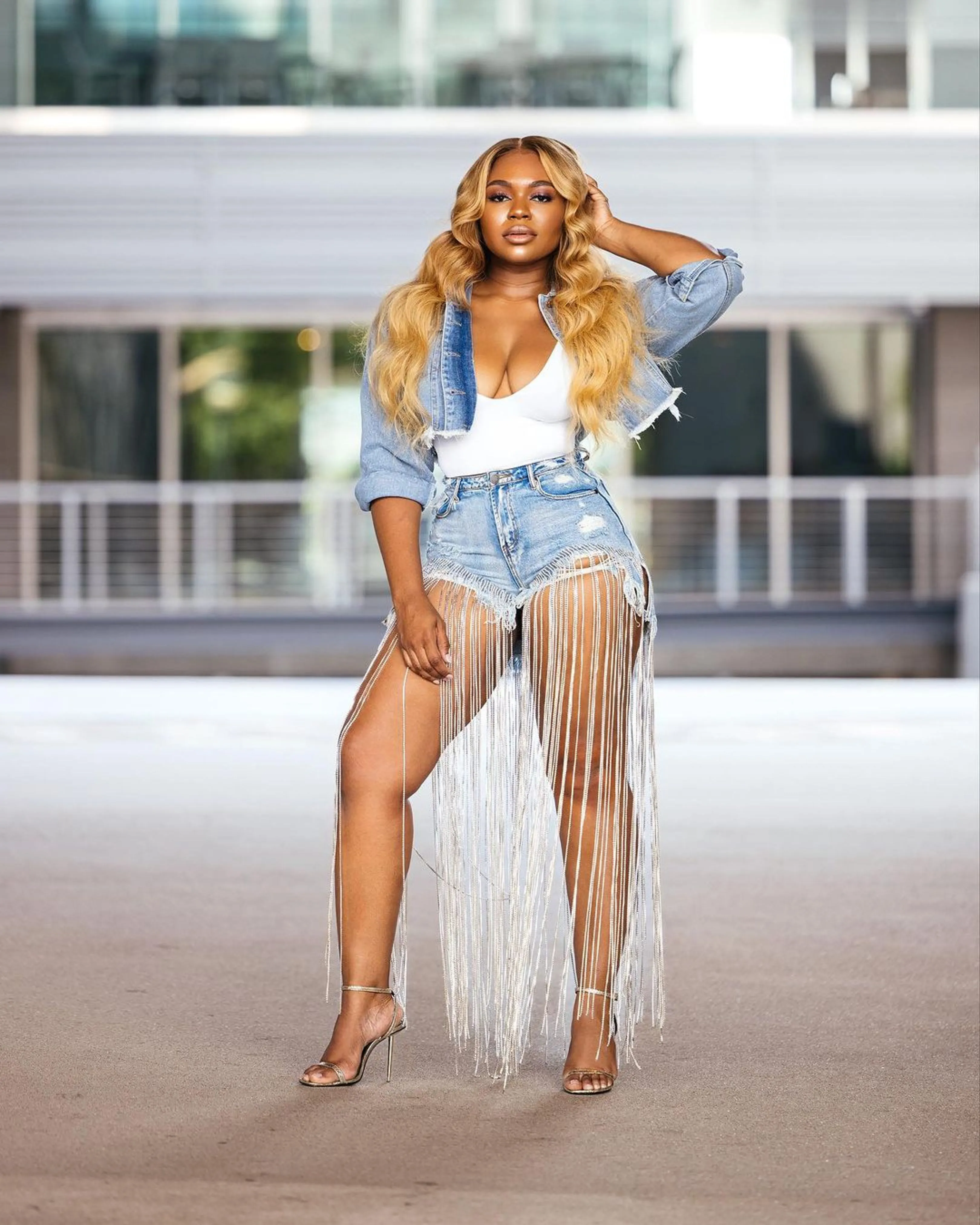 Oyemwen Renaissance Concert Fringe Denim Shorts