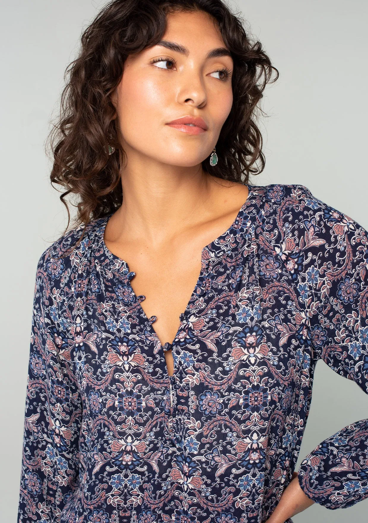 Paisley Floral Long Sleeve Button Loop Blouse