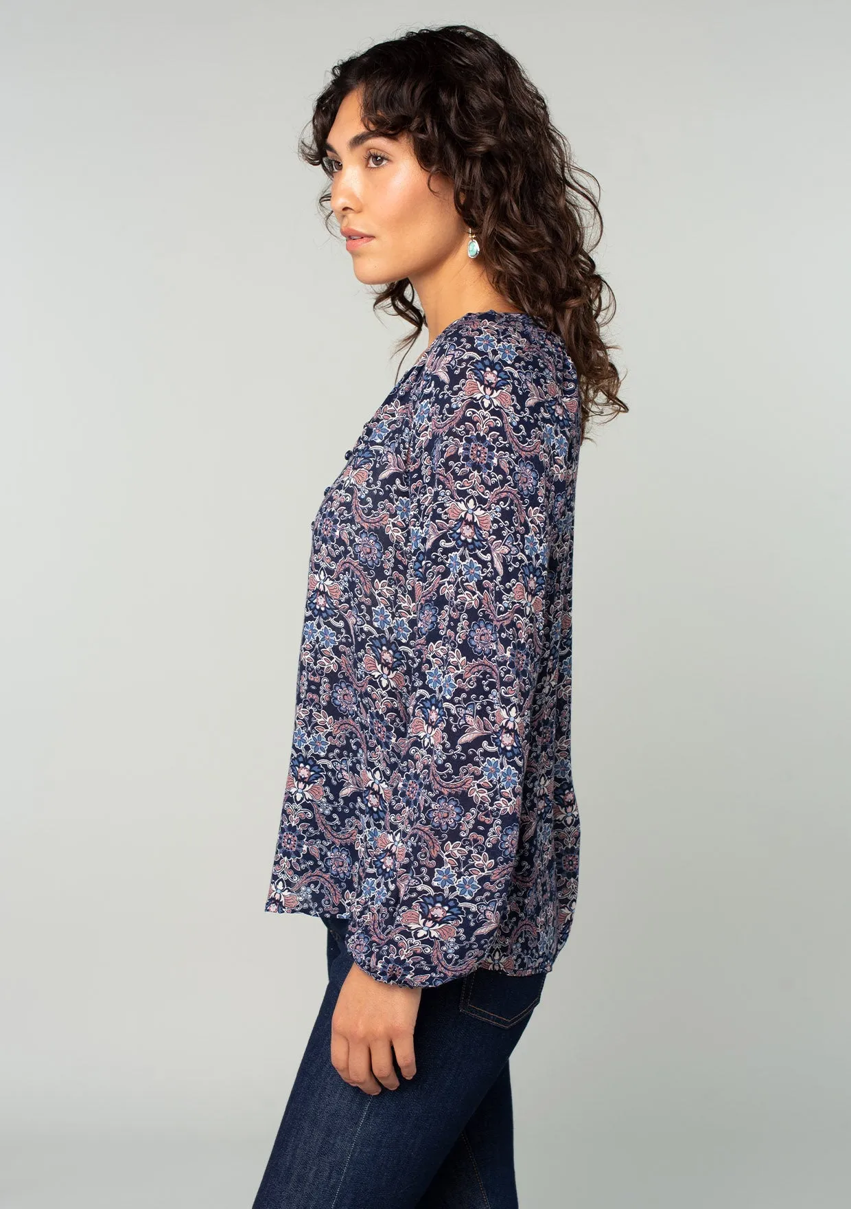 Paisley Floral Long Sleeve Button Loop Blouse