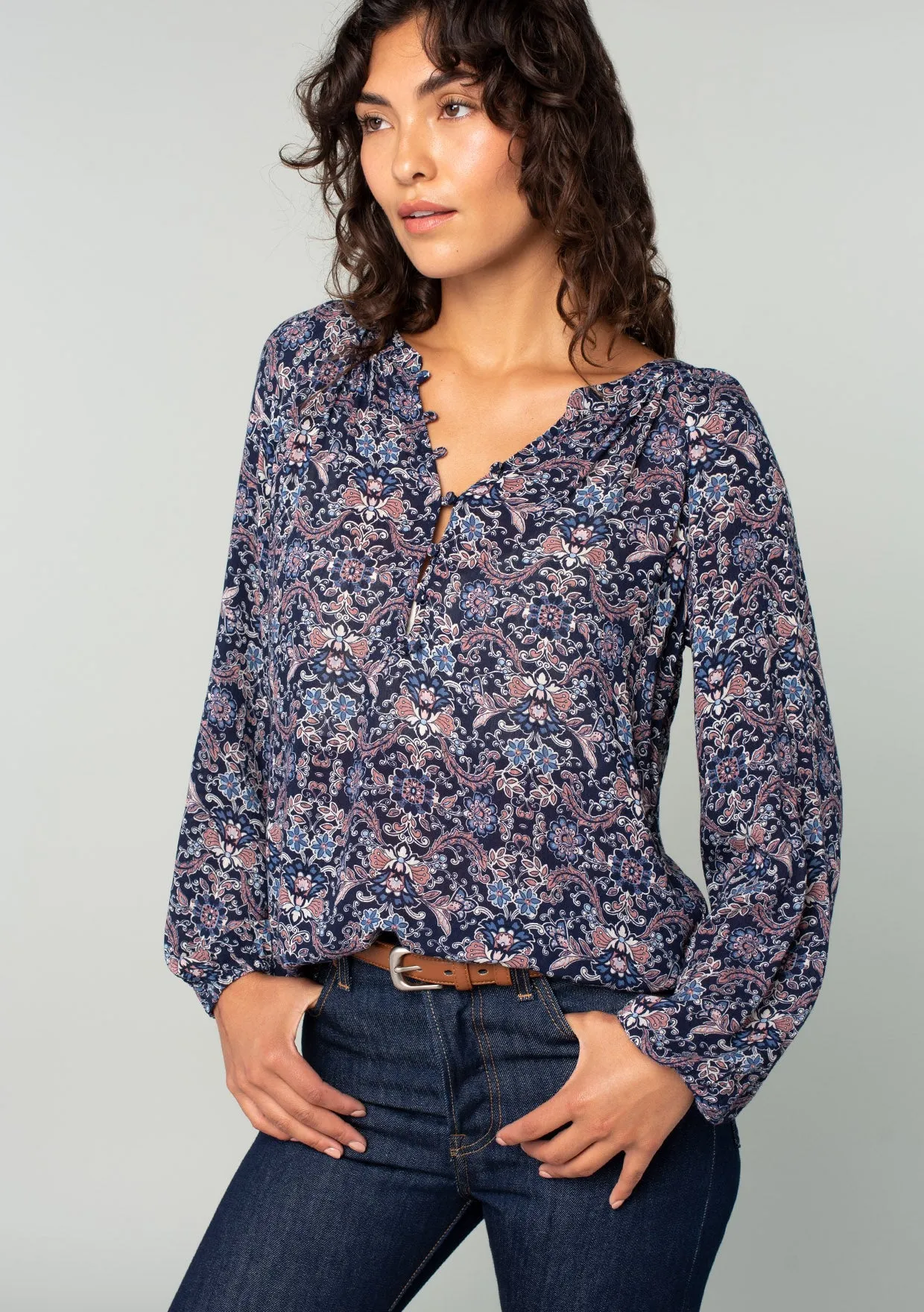 Paisley Floral Long Sleeve Button Loop Blouse