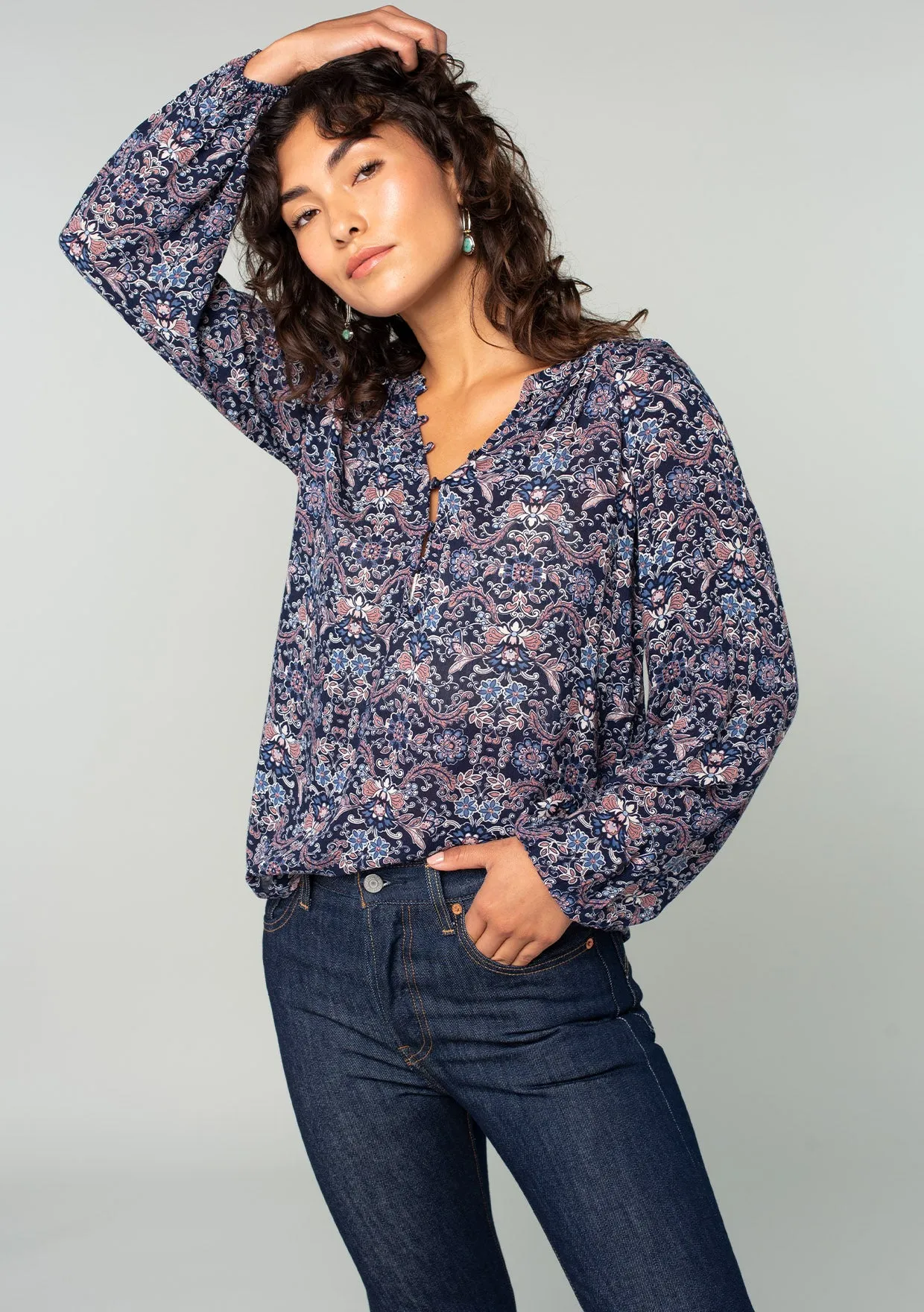Paisley Floral Long Sleeve Button Loop Blouse