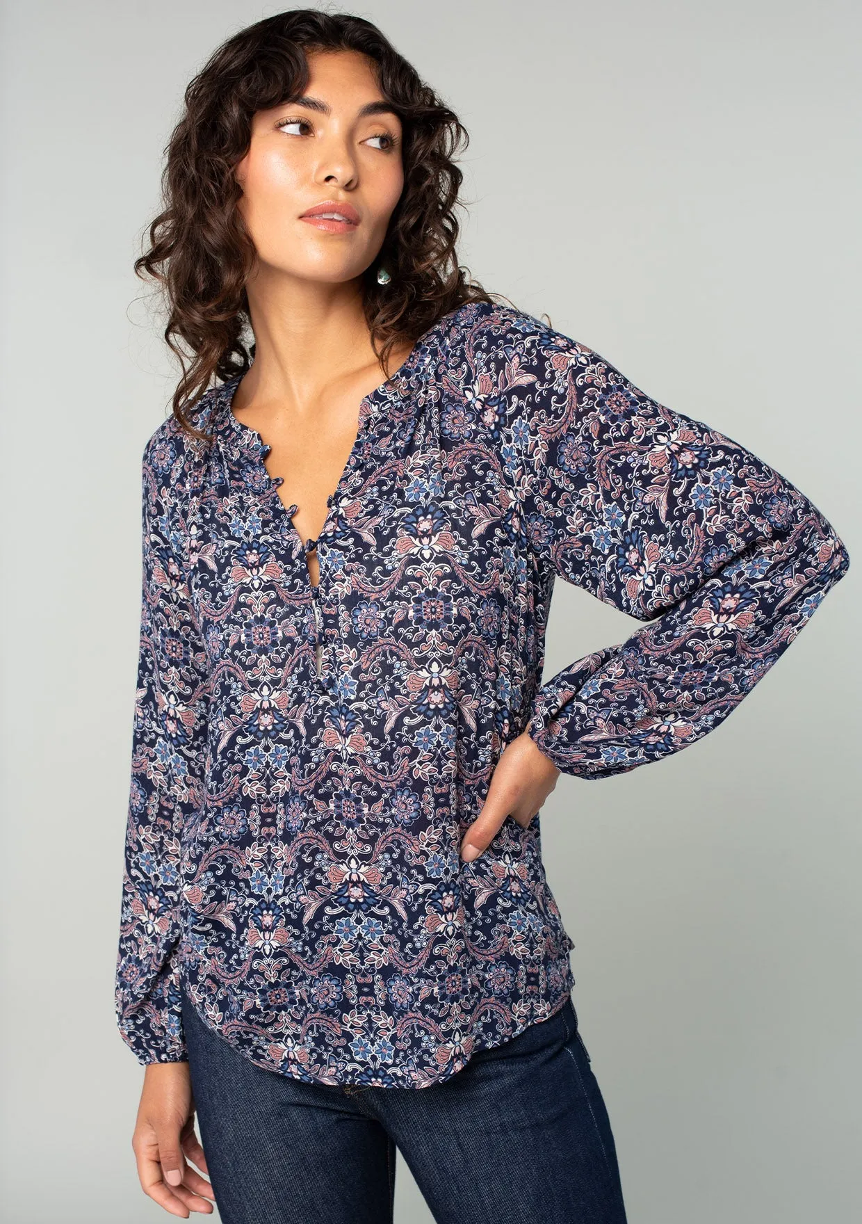 Paisley Floral Long Sleeve Button Loop Blouse