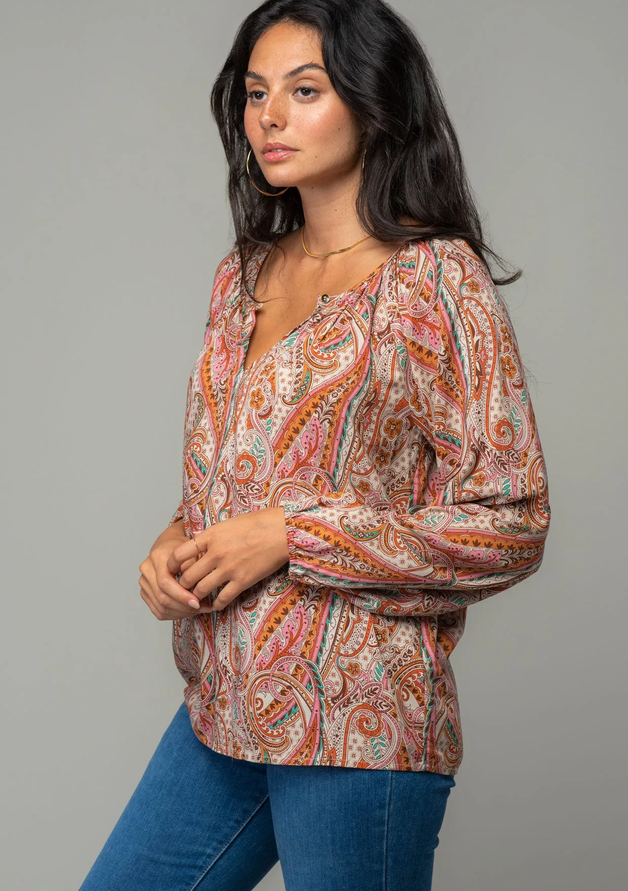 Paisley Round Neck Raglan Sleeve Blouse