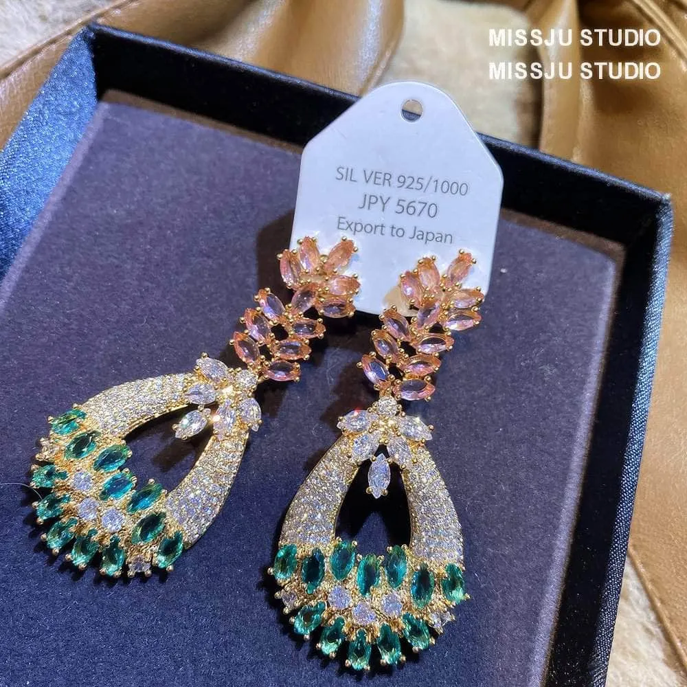 Paved Crystal Multistone Dangle Drop Bohemian Statement Earrings