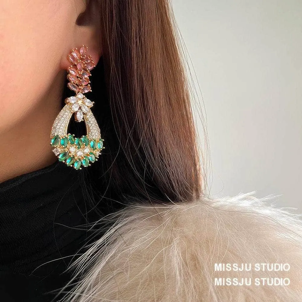 Paved Crystal Multistone Dangle Drop Bohemian Statement Earrings
