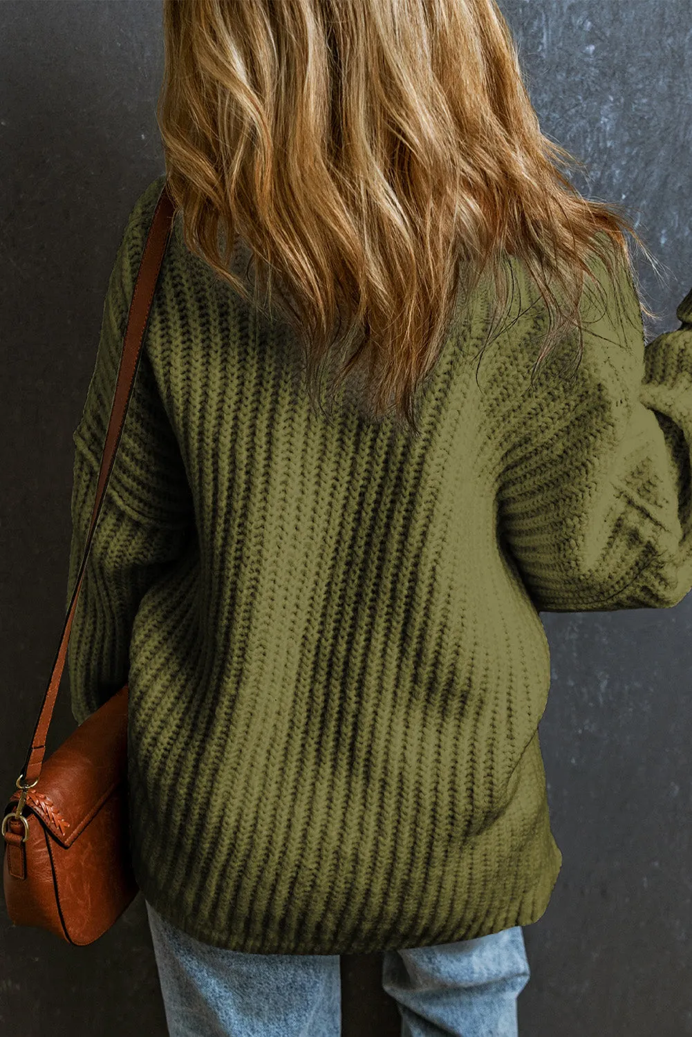 Pickle Green White Ribbed Knit Round Neck Slouchy Chunky Sweater