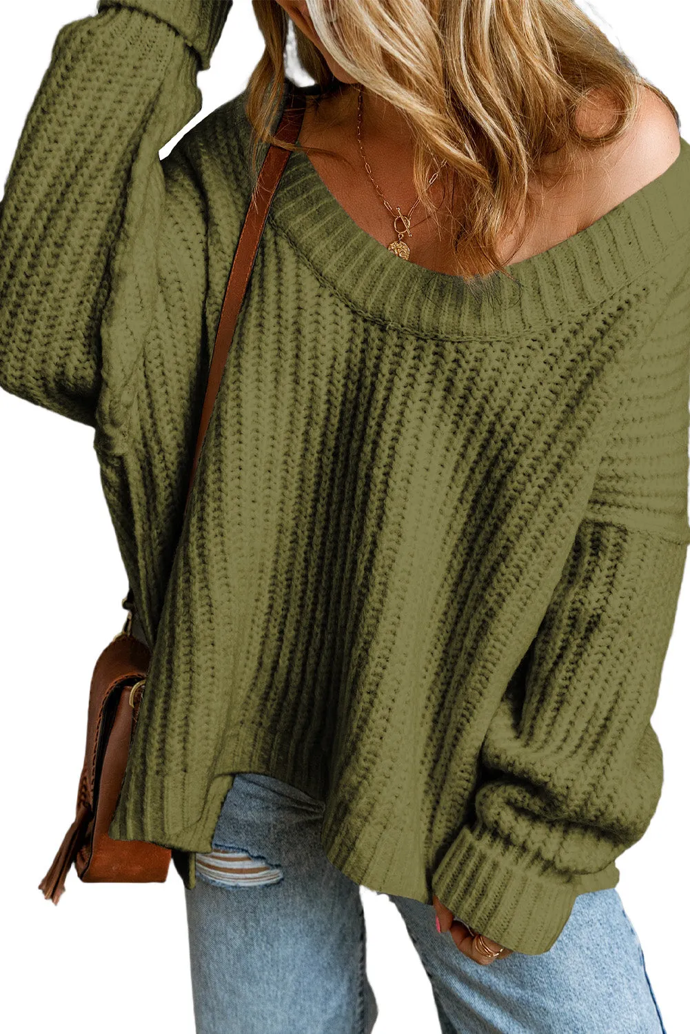 Pickle Green White Ribbed Knit Round Neck Slouchy Chunky Sweater