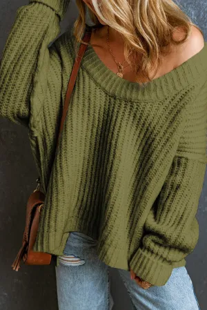 Pickle Green White Ribbed Knit Round Neck Slouchy Chunky Sweater