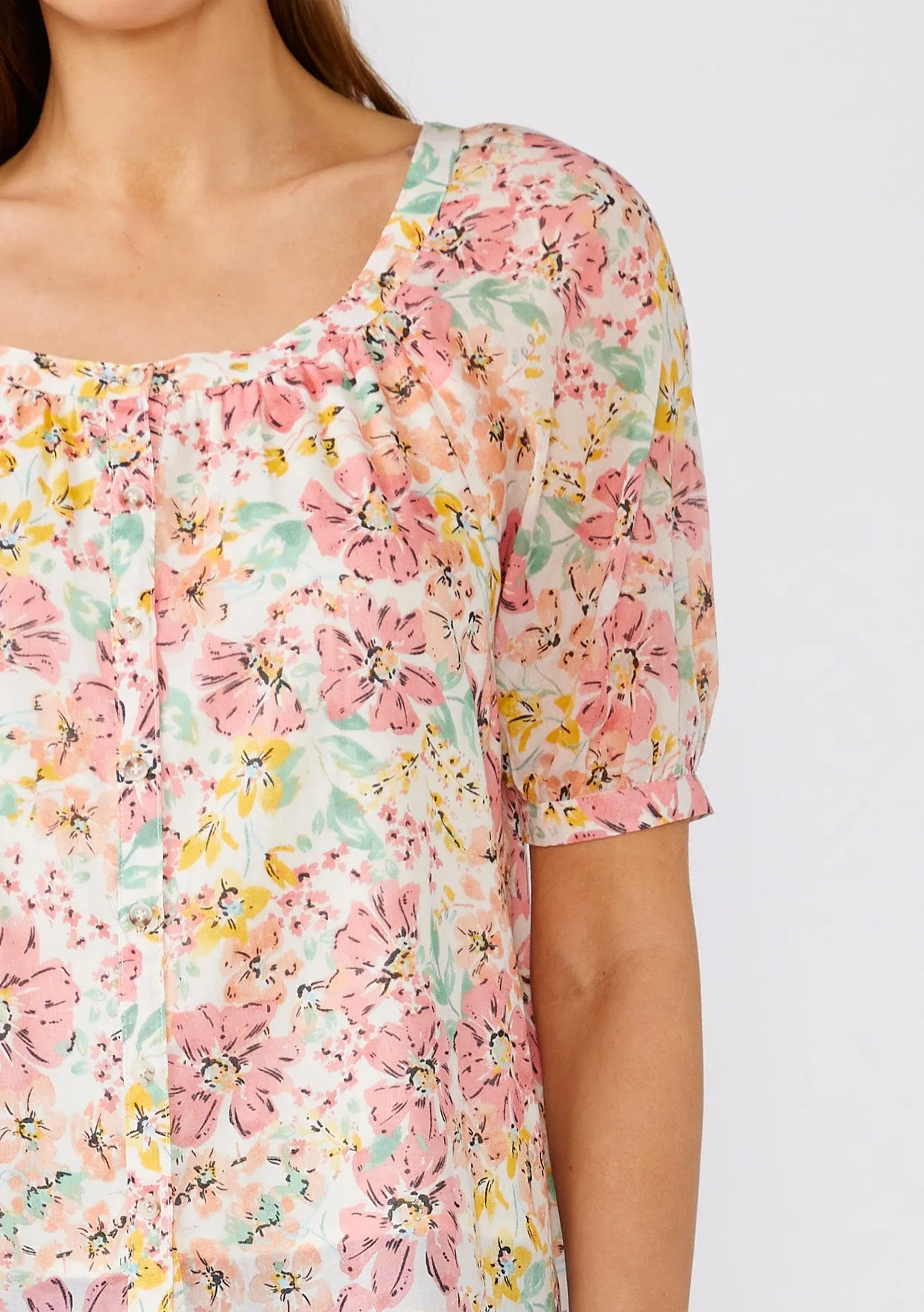 Pink Floral Puff Sleeve Button Front Blouse