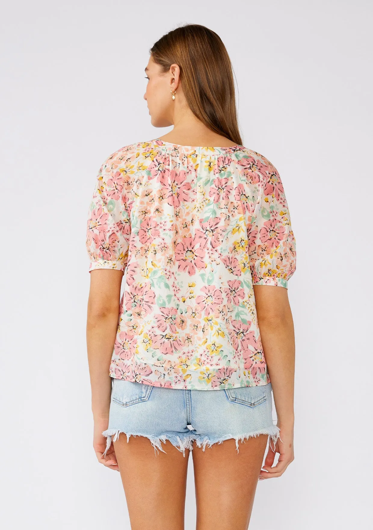 Pink Floral Puff Sleeve Button Front Blouse
