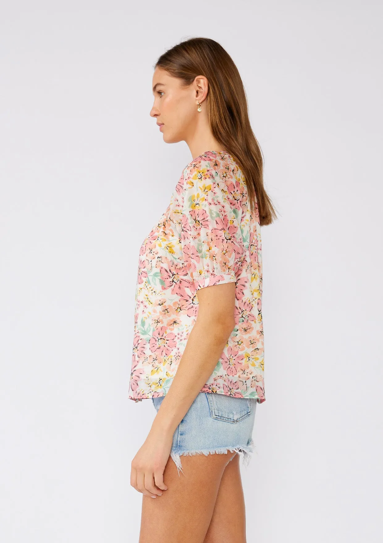 Pink Floral Puff Sleeve Button Front Blouse