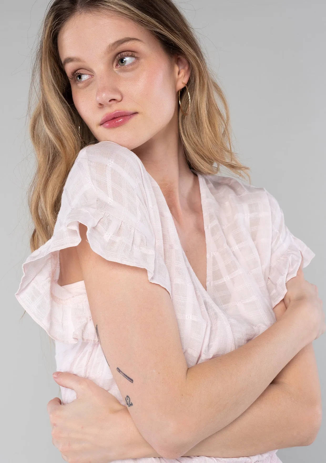 Plaid Surplice Smocked Ruffle Sleeve Top