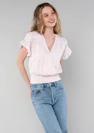 Plaid Surplice Smocked Ruffle Sleeve Top