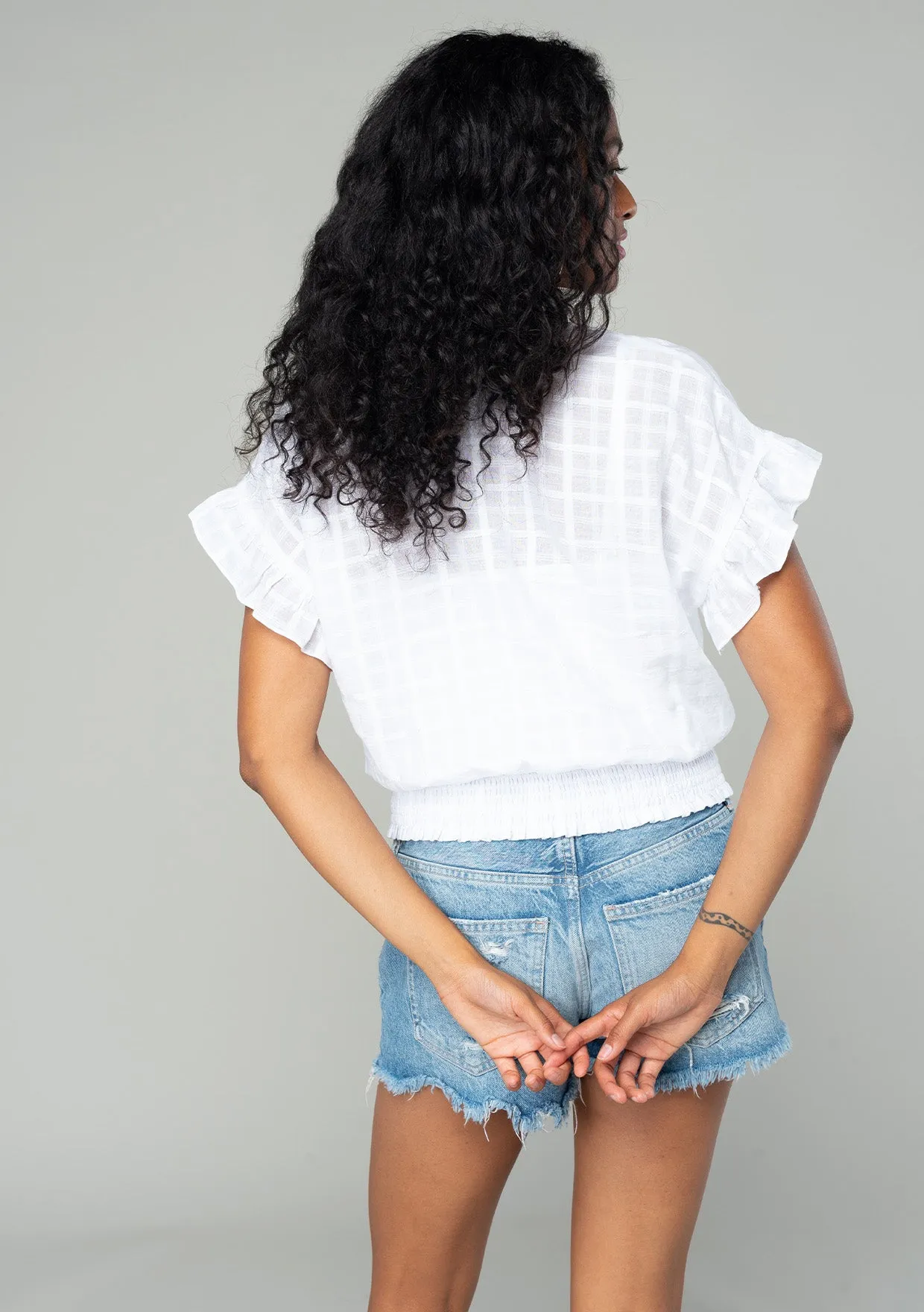 Plaid Surplice Smocked Ruffle Sleeve Top