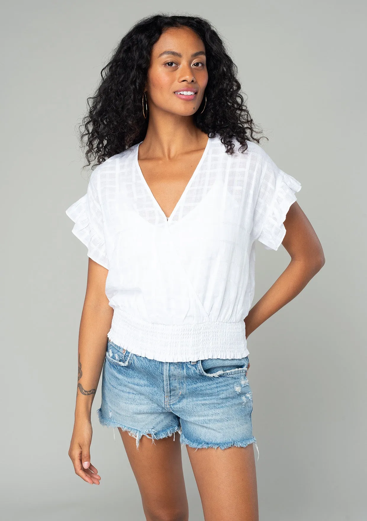 Plaid Surplice Smocked Ruffle Sleeve Top