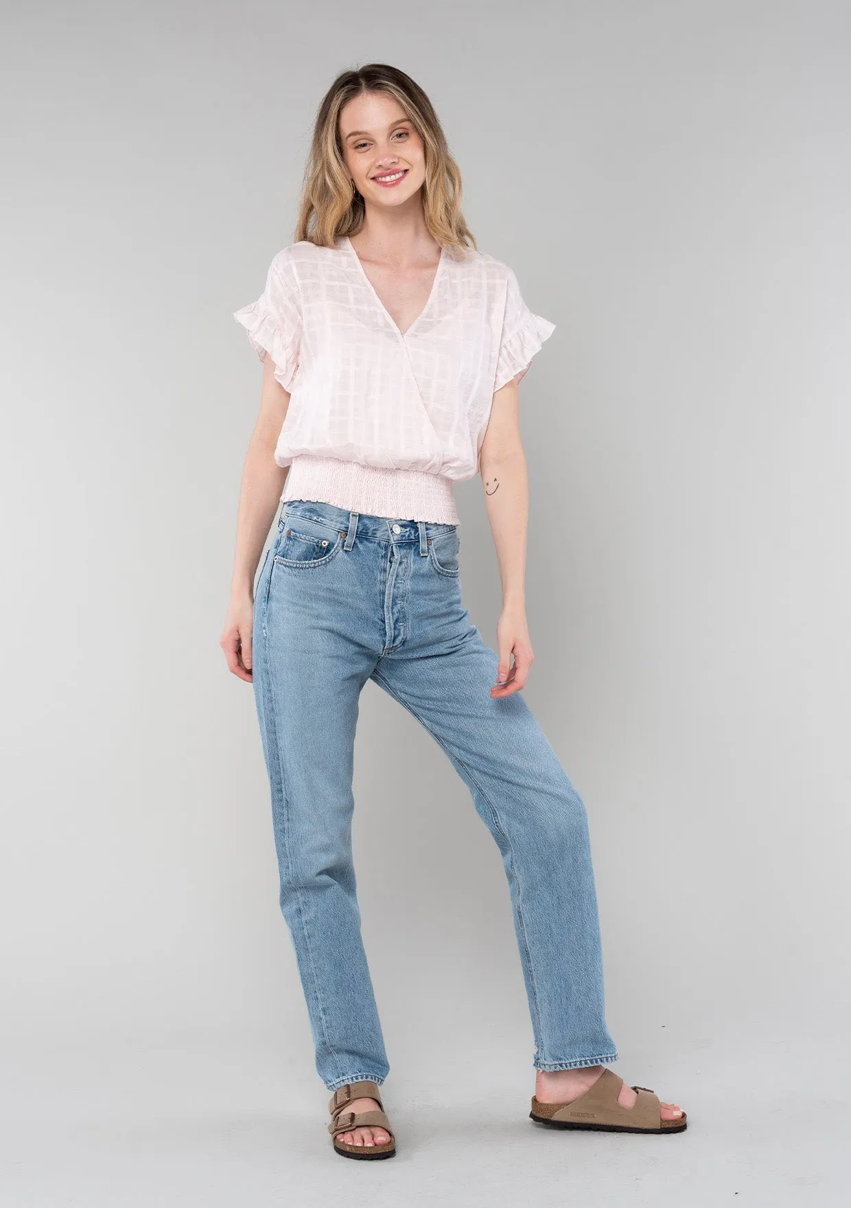 Plaid Surplice Smocked Ruffle Sleeve Top