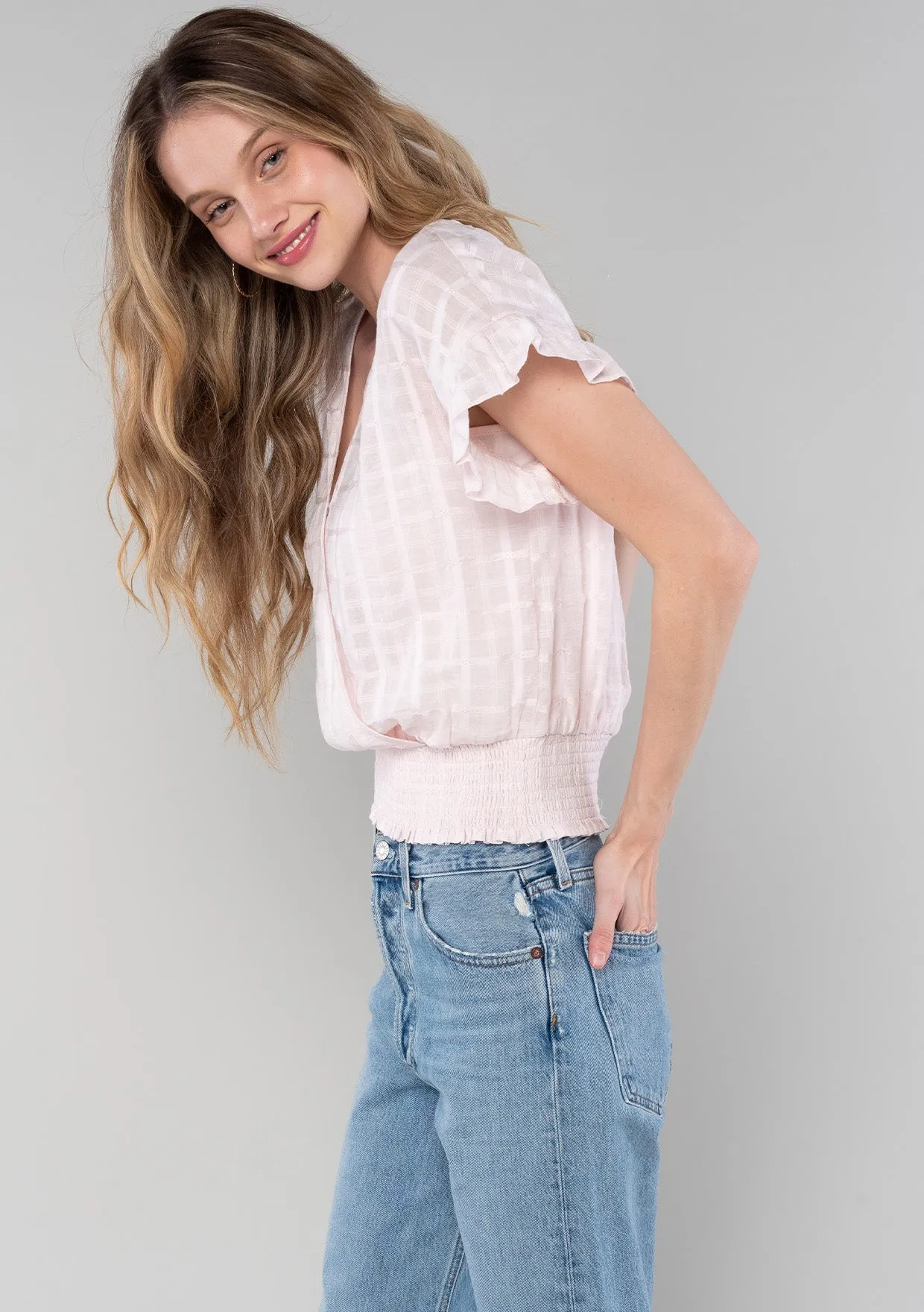 Plaid Surplice Smocked Ruffle Sleeve Top
