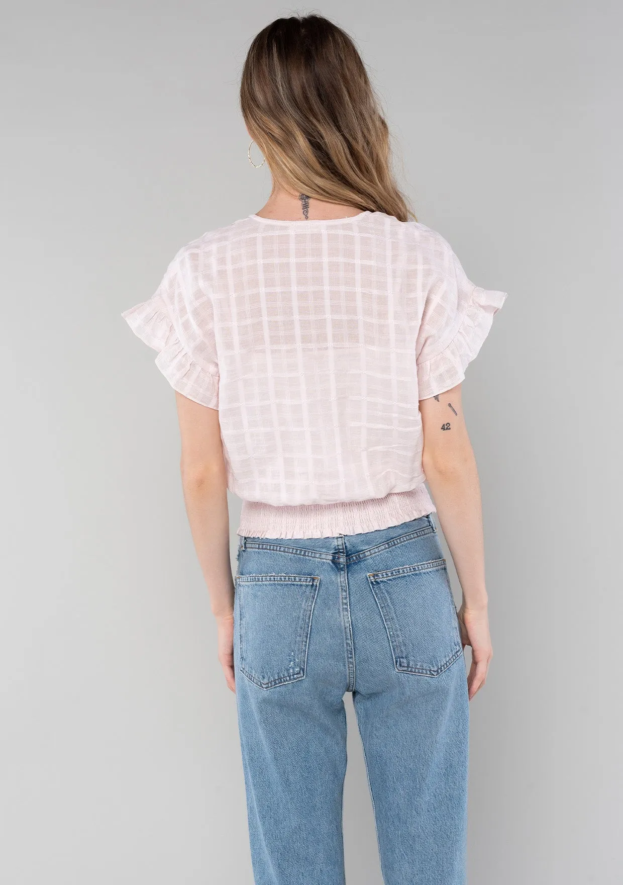 Plaid Surplice Smocked Ruffle Sleeve Top