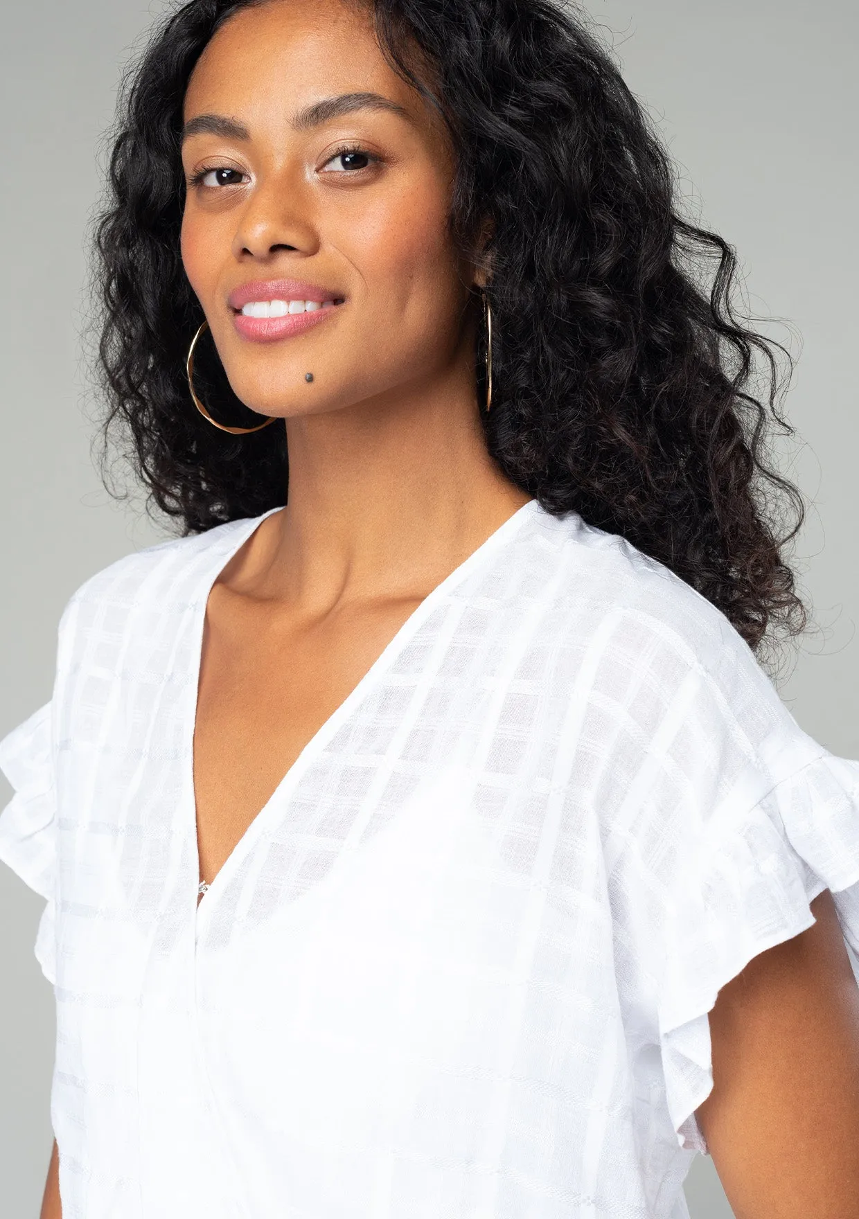Plaid Surplice Smocked Ruffle Sleeve Top