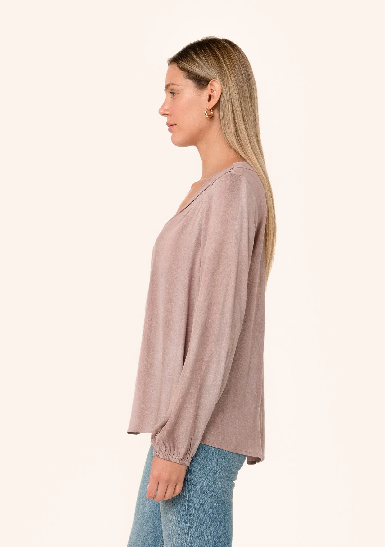 Pleated Long Sleeve V Neck Blouse
