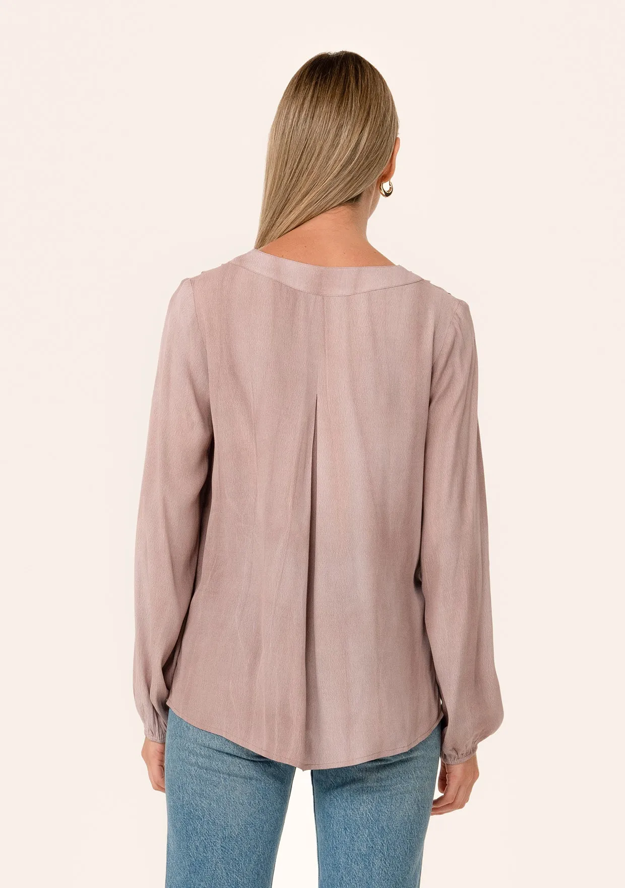 Pleated Long Sleeve V Neck Blouse