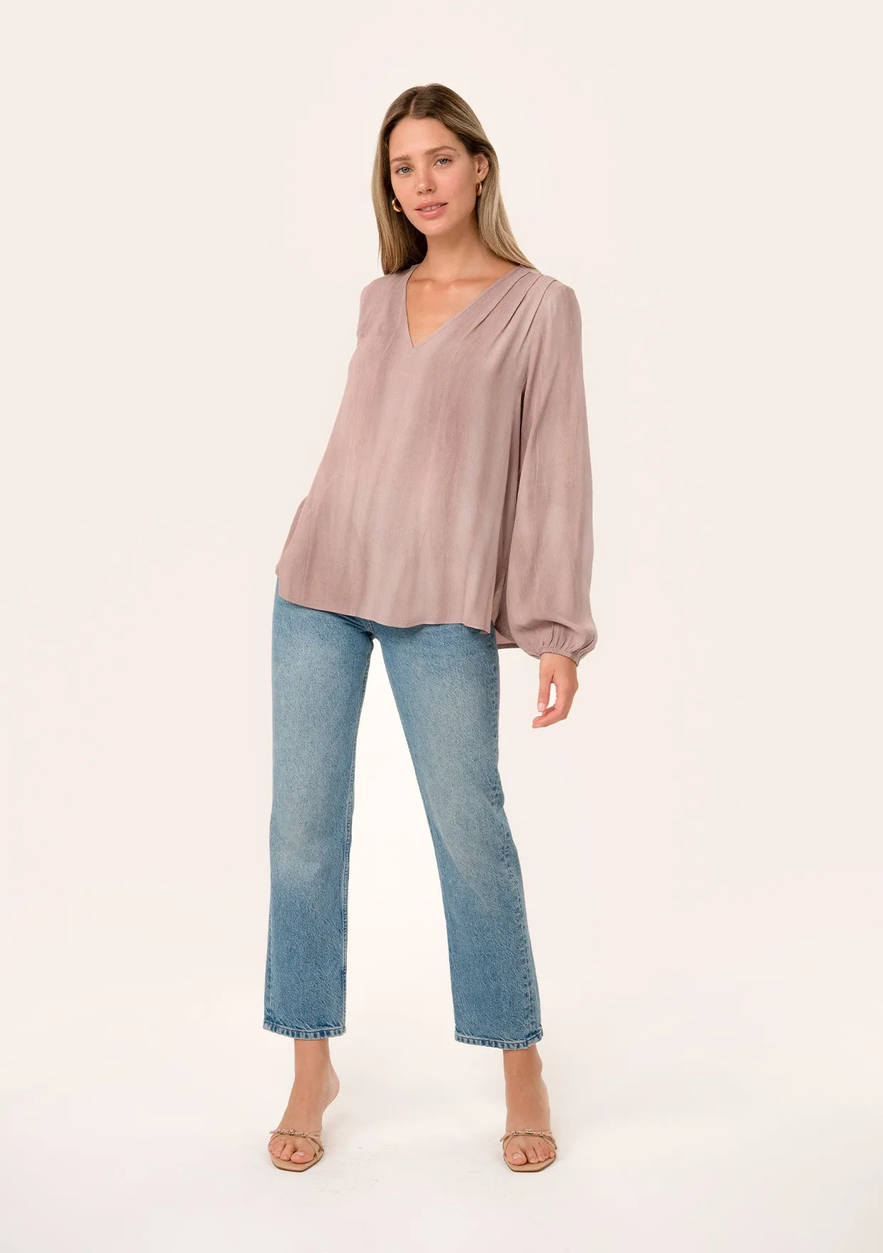Pleated Long Sleeve V Neck Blouse
