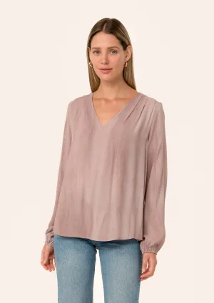 Pleated Long Sleeve V Neck Blouse