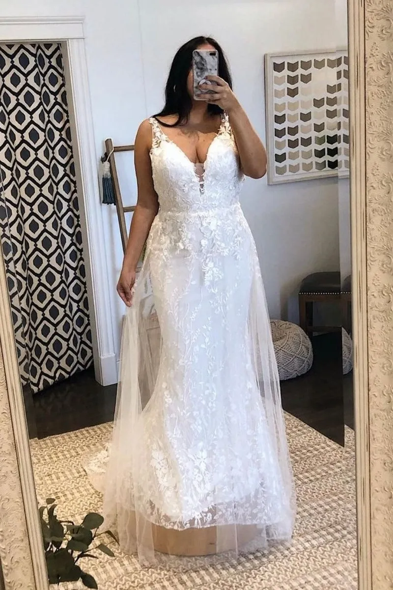 Plunging Lace Plus Size Wedding Dresses for Women