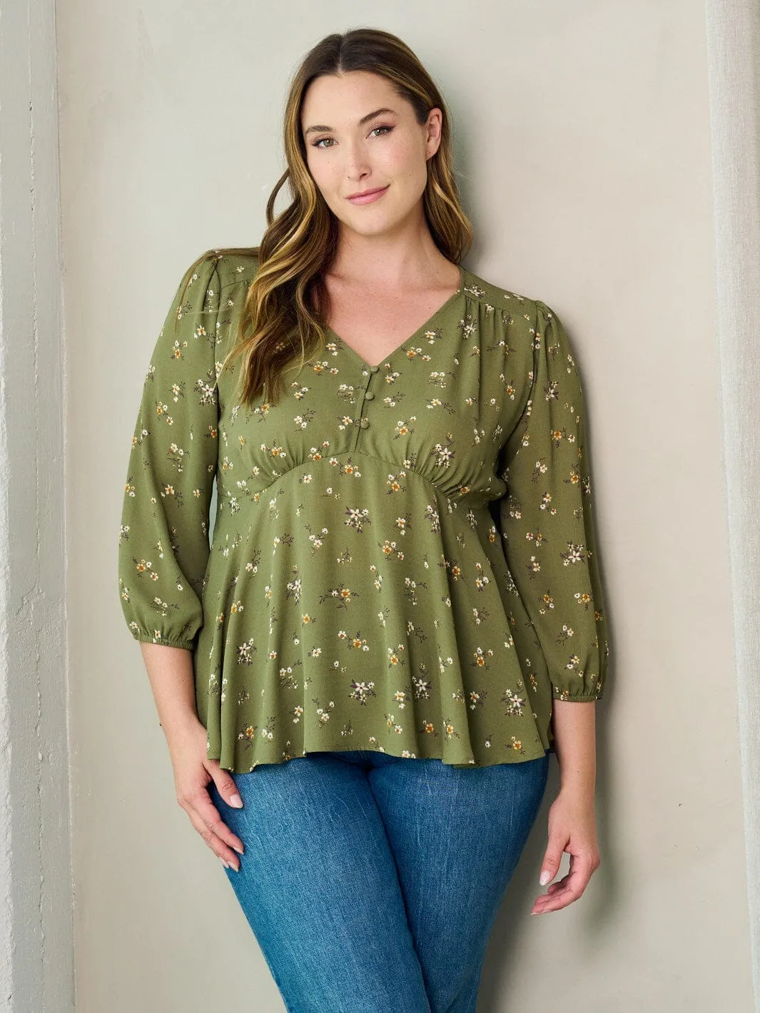 PLUS SIZE 3/4 SLEEVE V-NECK FLORAL PRINT BLOUSE TOP
