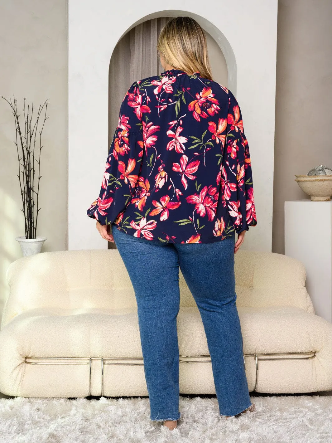 PLUS SIZE LONG SLEEVE MOCK NECK FLORAL PRINT TUNIC TOP