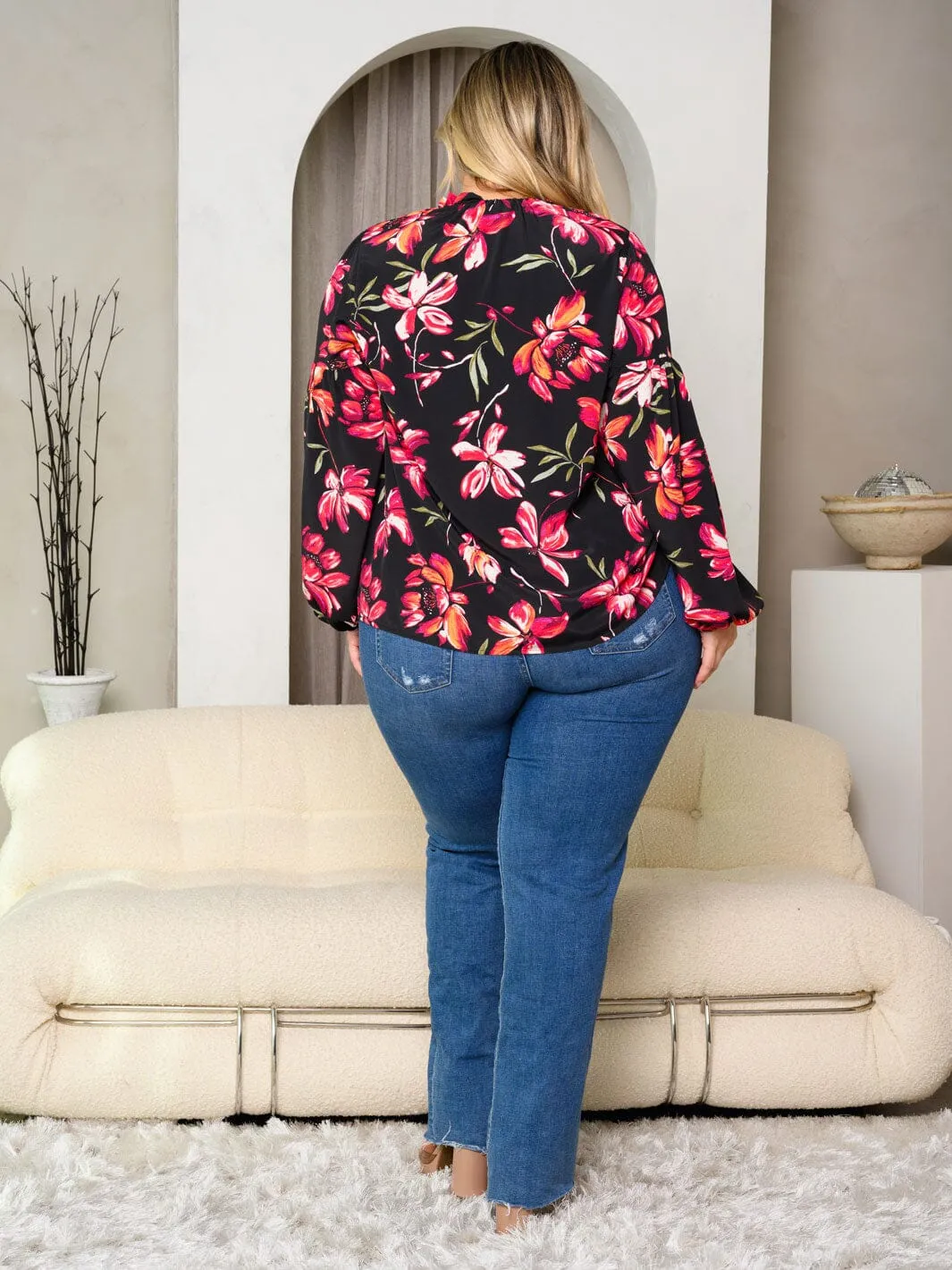 PLUS SIZE LONG SLEEVE MOCK NECK FLORAL PRINT TUNIC TOP
