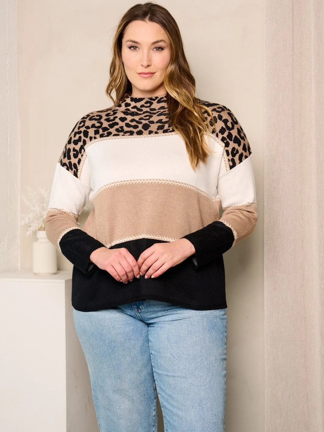 PLUS SIZE LONG SLEEVES COLORBLOCK ANIMAL PRINT MOCK NECK TOP